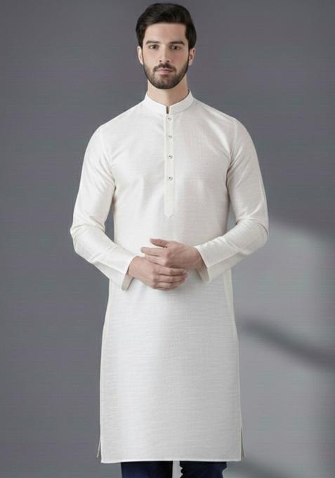 White Embroidery Silk Kurta For Men