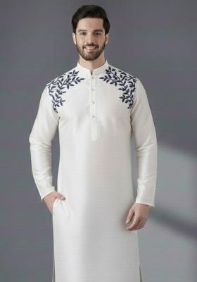 White Embroidery Silk Kurta For Men