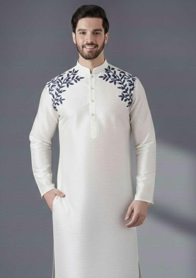 White Embroidery Silk Blend Kurta For Men - Indya