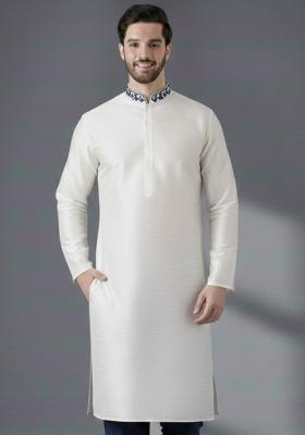 White Embroidery Silk Kurta For Men