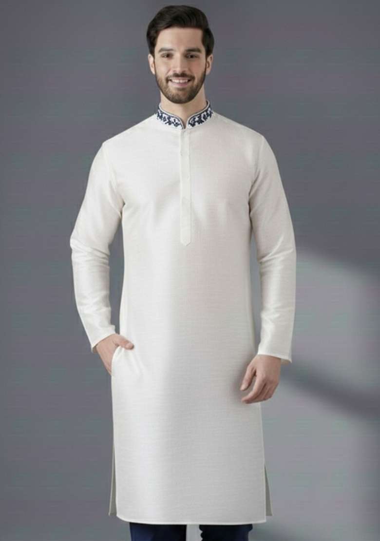 White Embroidery Silk Blend Kurta For Men - Indya