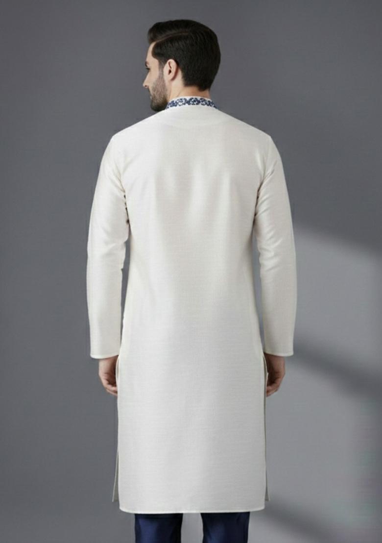 White Embroidery Silk Kurta For Men - Indya