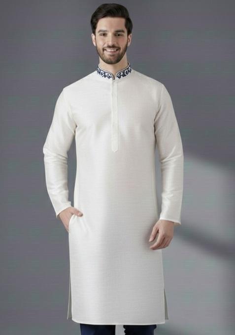 White Embroidery Silk Kurta For Men