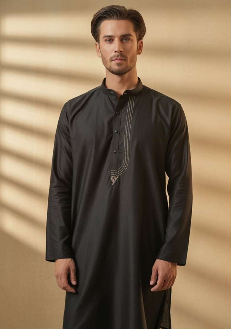 Black Embroidery Cotton Kurta For Men - Indya