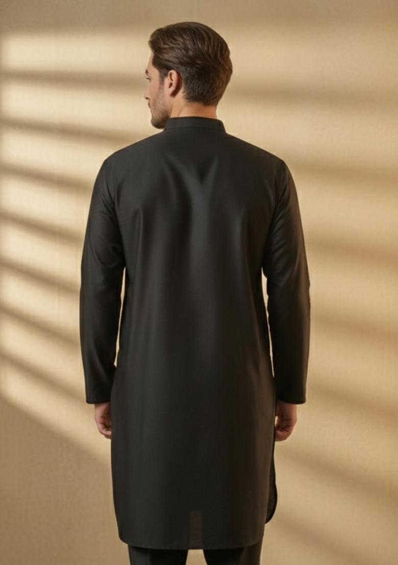 Black Embroidery Cotton Kurta For Men - Indya