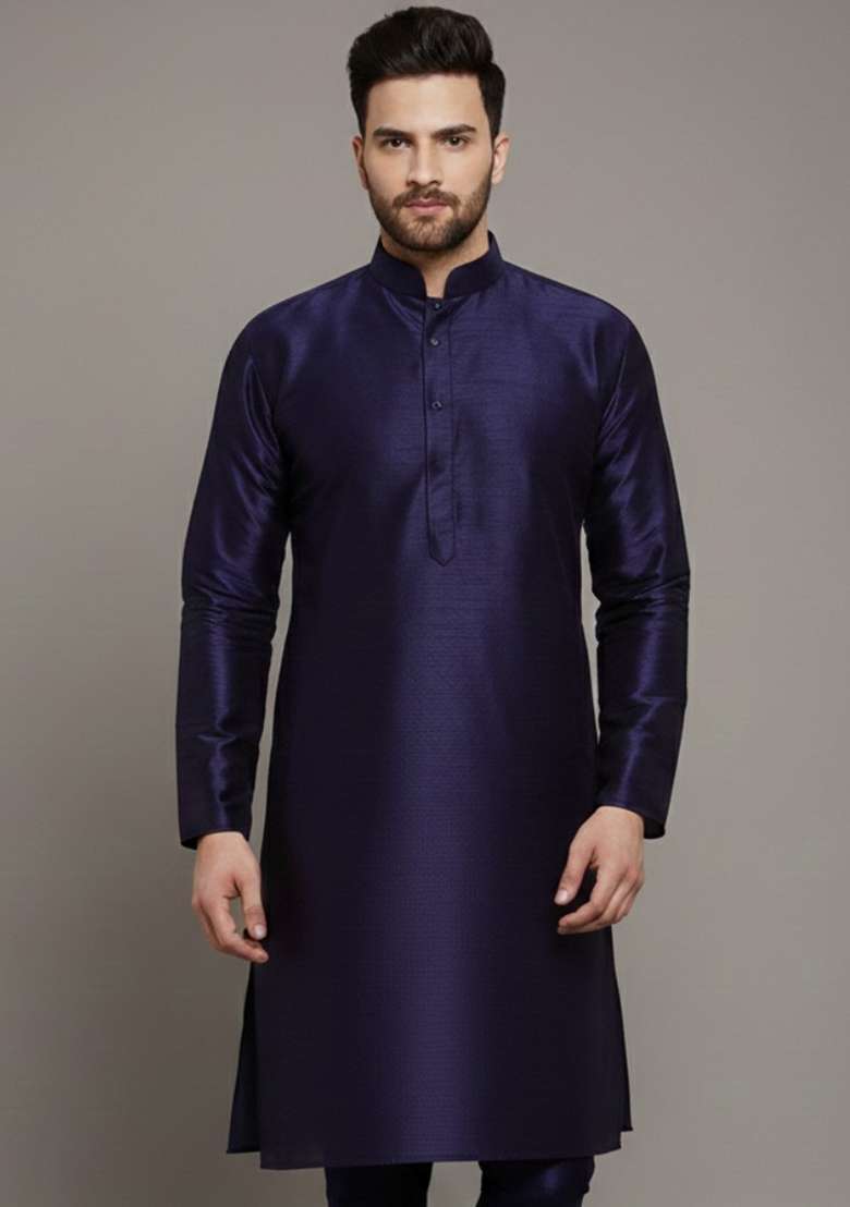 Navy Blue Embroidery Silk Blend Kurta For Men - Indya