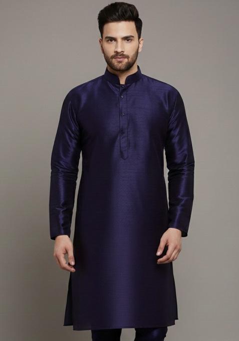 Navy Blue Embroidery Silk Kurta For Men