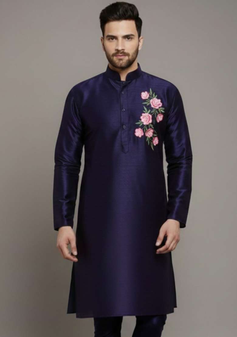 Navy Blue Embroidery Silk Blend Kurta For Men - Indya