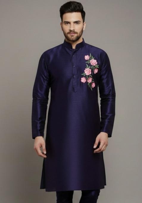 Navy Blue Embroidery Silk Kurta For Men