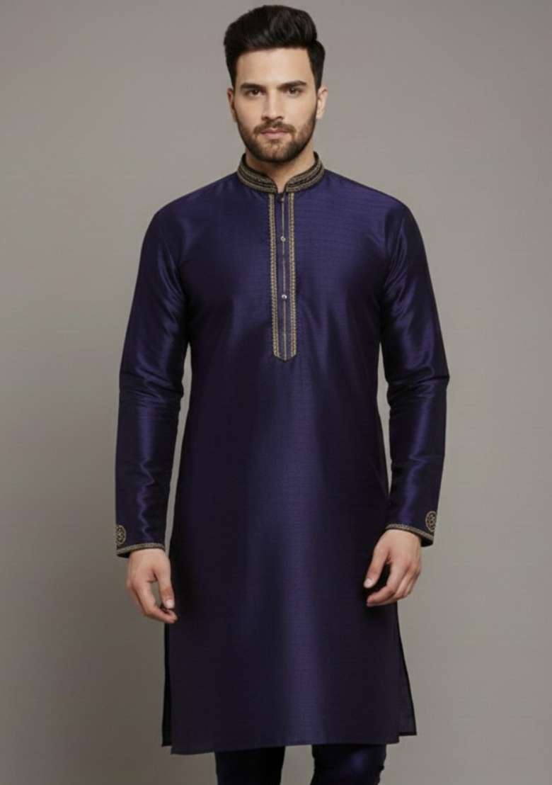 Navy Blue Embroidery Silk Blend Kurta For Men - Indya