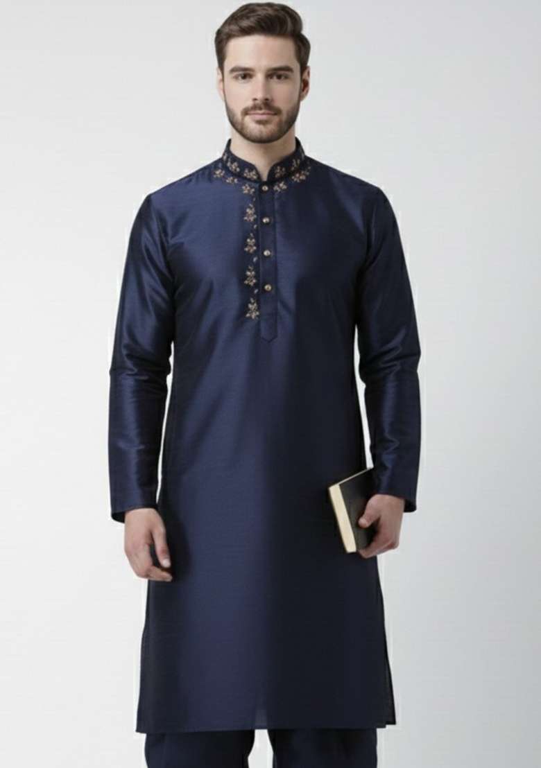 Navy Blue Embroidery Silk Blend Kurta For Men - Indya