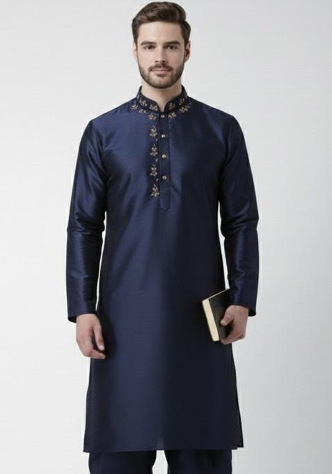 Navy Blue Embroidery Silk Kurta For Men