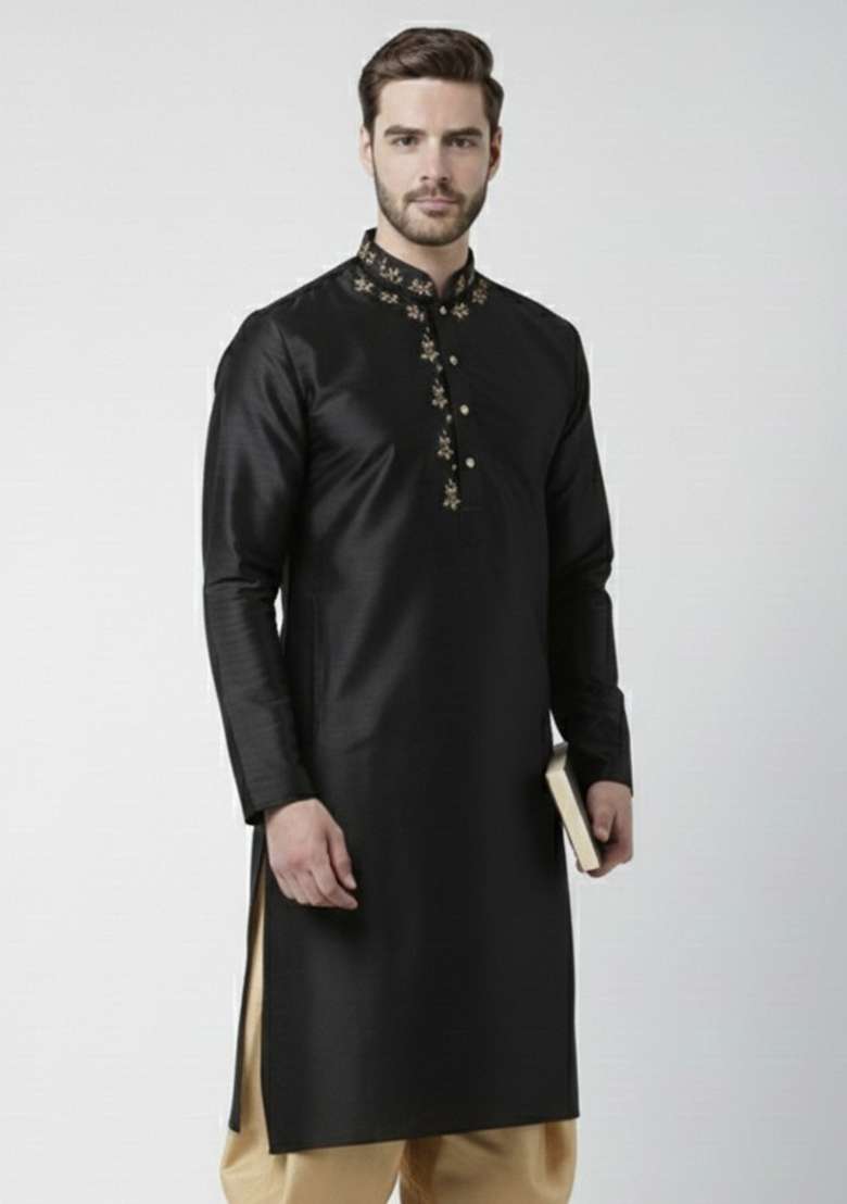 Navy Blue Embroidery Silk Blend Kurta For Men - Indya