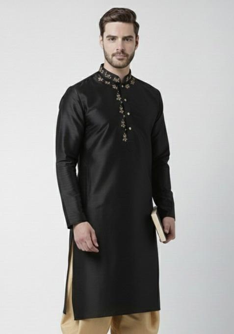 Navy Blue Embroidery Silk Kurta For Men