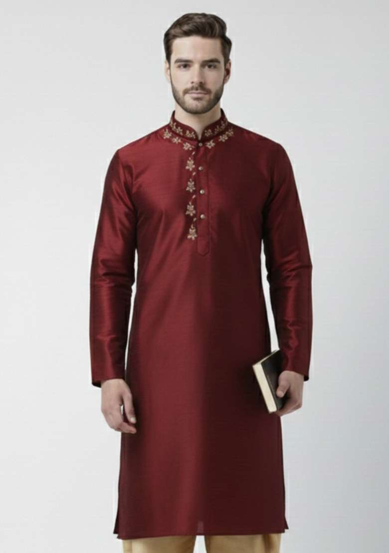Maroon Embroidery Silk Blend Kurta For Men - Indya