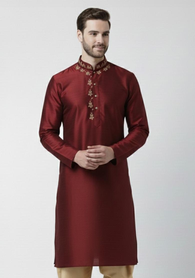 Maroon Embroidery Silk Kurta For Men - Indya