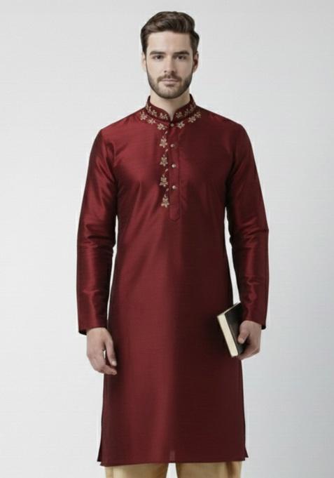 Maroon Embroidery Silk Kurta For Men