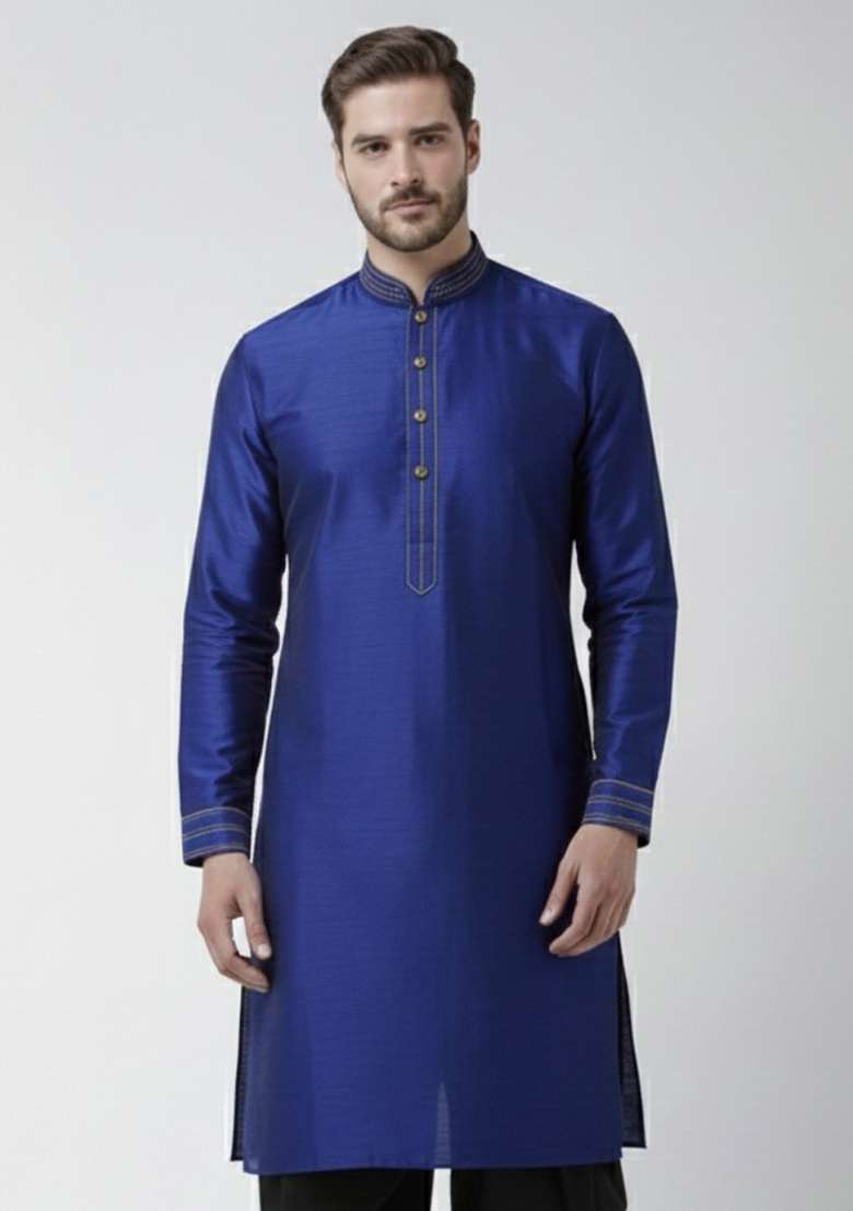Royal Blue Embroidery Silk Blend Kurta For Men - Indya