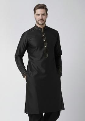 Black Embroidery Silk Kurta For Men
