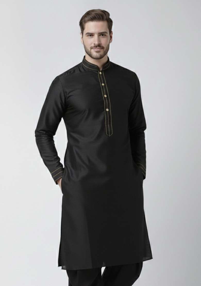 Black Embroidery Silk Blend Kurta For Men - Indya