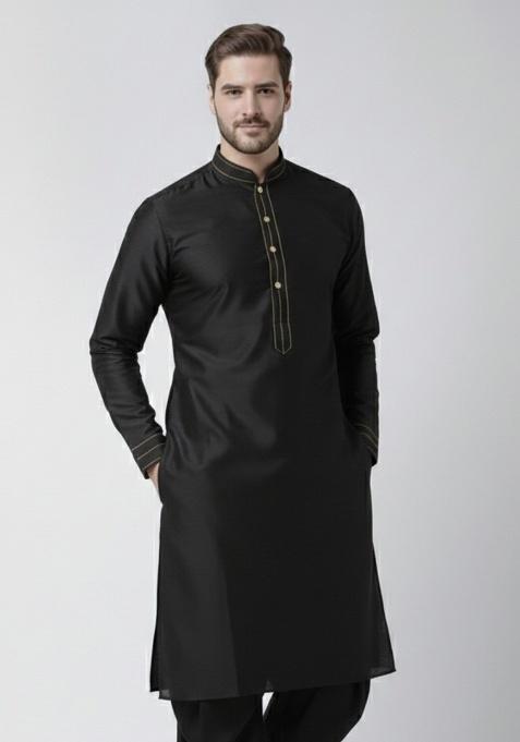 Black Embroidery Silk Kurta For Men