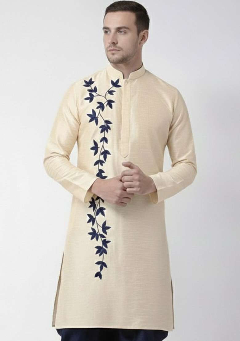 Light Golden Embroidery Silk Blend Kurta For Men - Indya