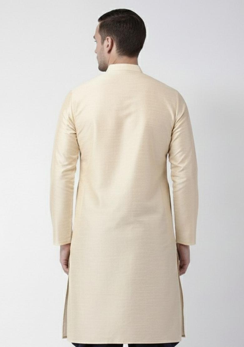Light Golden Embroidery Silk Kurta For Men - Indya