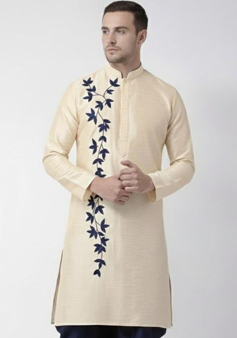 Light Golden Embroidery Silk Kurta For Men