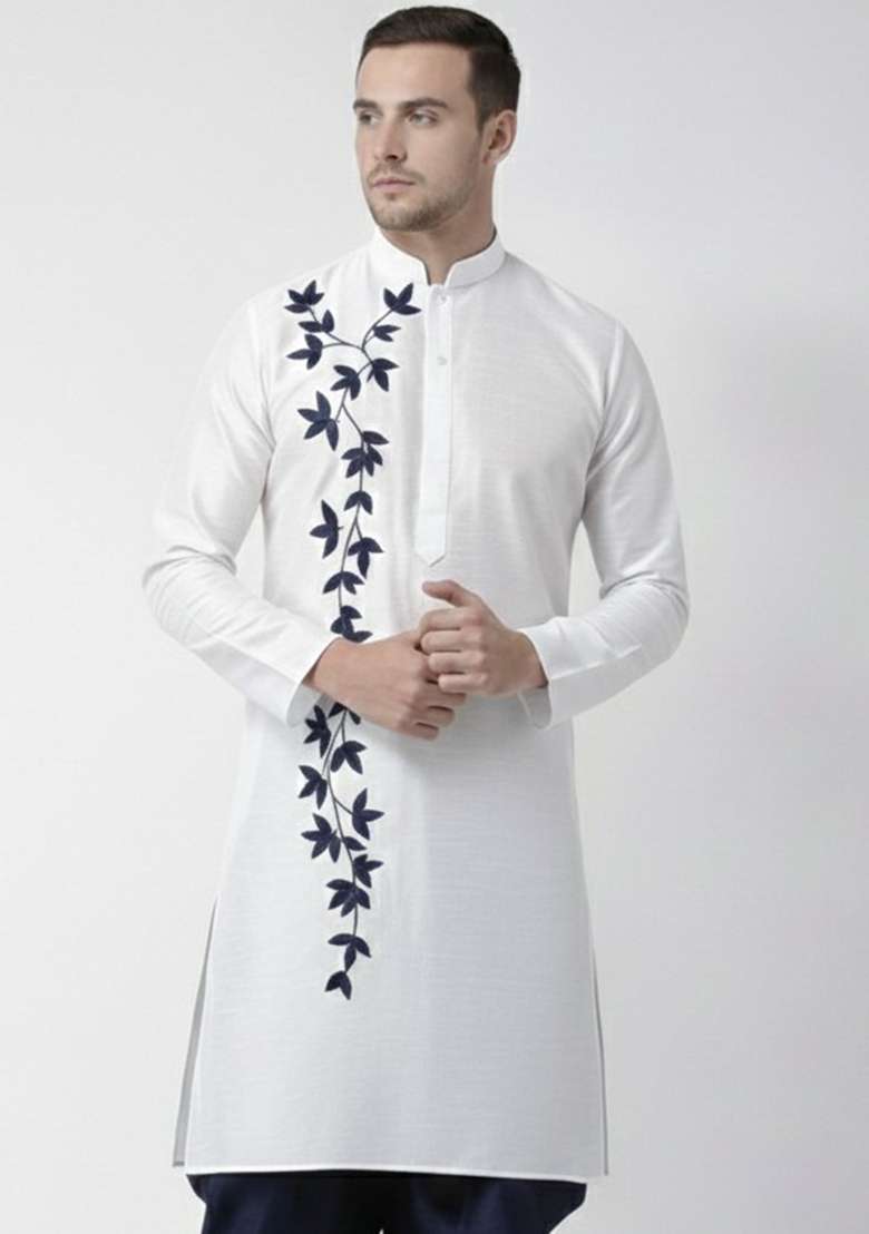 White Embroidery Silk Blend Kurta For Men - Indya