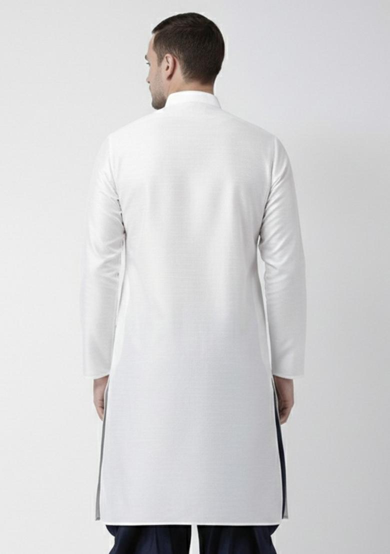 White Embroidery Silk Kurta For Men - Indya