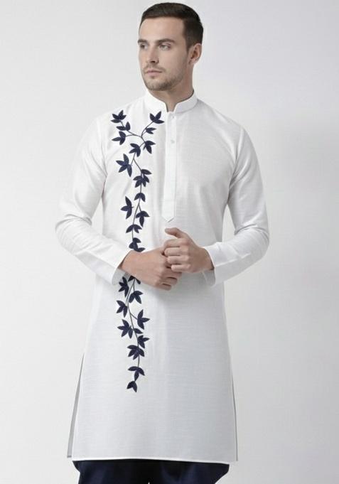 White Embroidery Silk Kurta For Men