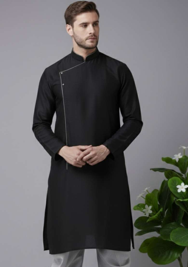 Black Embroidery Silk Blend Kurta For Men - Indya