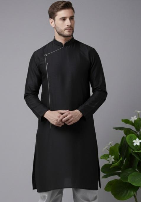 Black Embroidery Silk Kurta For Men