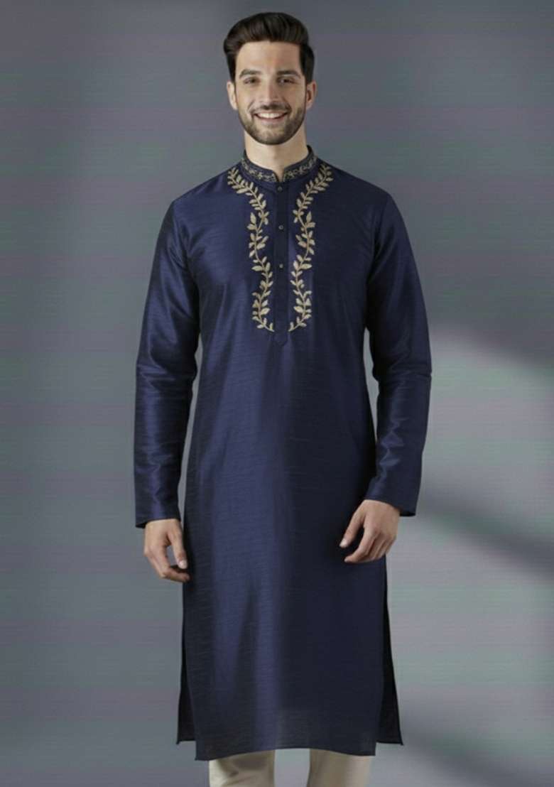 Navy Blue Embroidery Silk Blend Kurta For Men - Indya