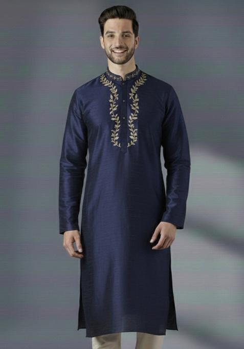 Navy Blue Embroidery Silk Kurta For Men