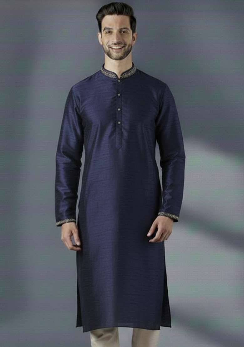 Navy Blue Embroidery Silk Blend Kurta For Men - Indya