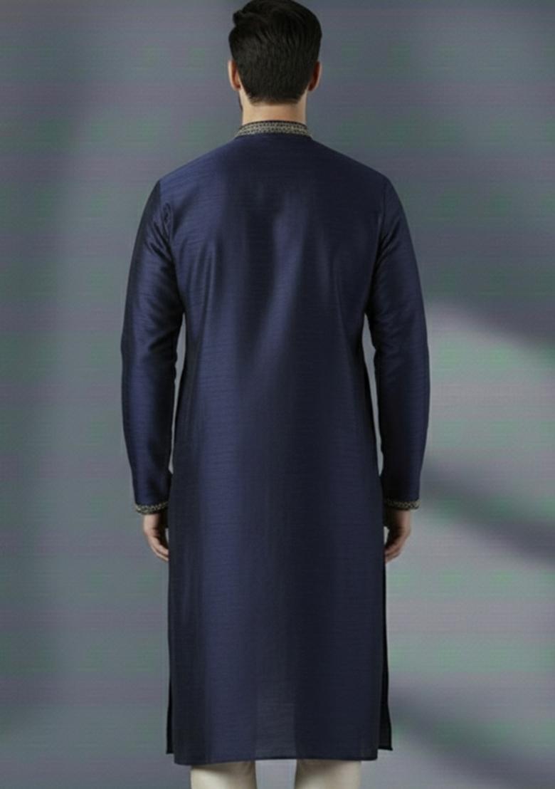 Navy Blue Embroidery Silk Kurta For Men - Indya
