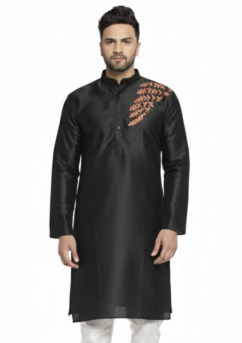 Black Embroidery Silk Blend Kurta For Men - Indya