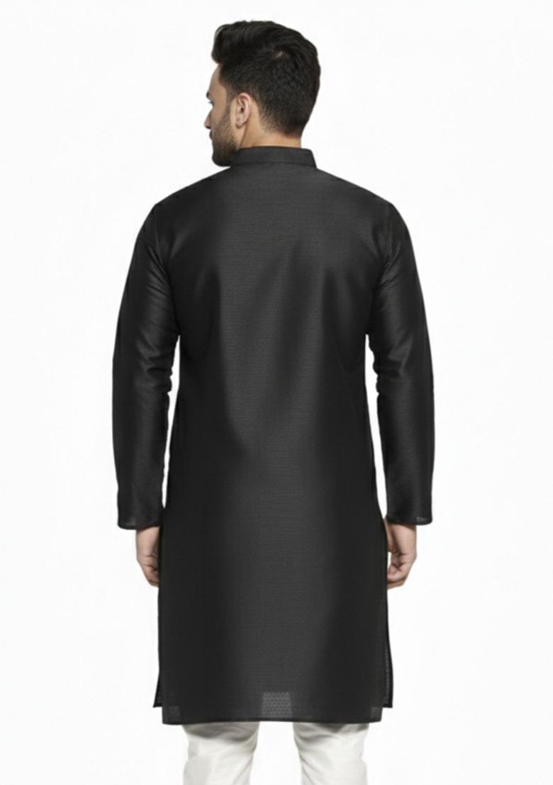 Black Embroidery Silk Kurta For Men - Indya