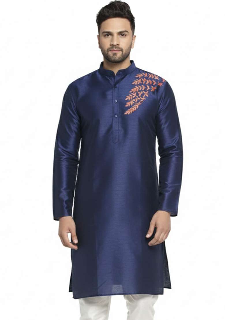 Navy Blue Embroidery Silk Blend Kurta For Men - Indya