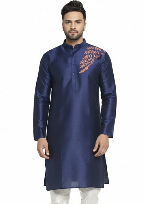 Navy Blue Embroidery Silk Kurta For Men
