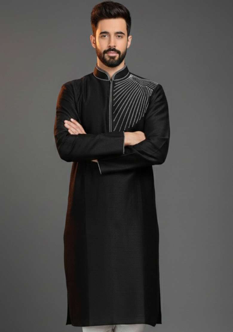 Black Embroidery Silk Blend Kurta For Men - Indya