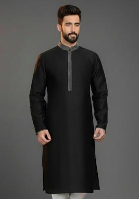 Black Embroidery Silk Kurta For Men