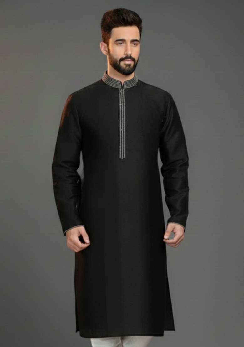 Black Embroidery Silk Blend Kurta For Men - Indya