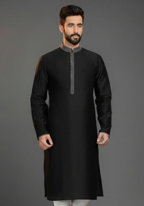Black Embroidery Silk Kurta For Men
