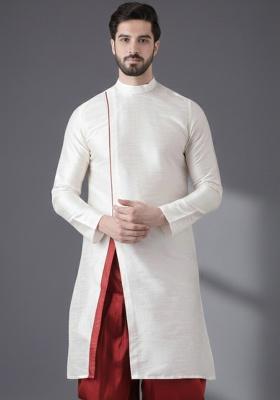 White Embroidery Silk Kurta For Men