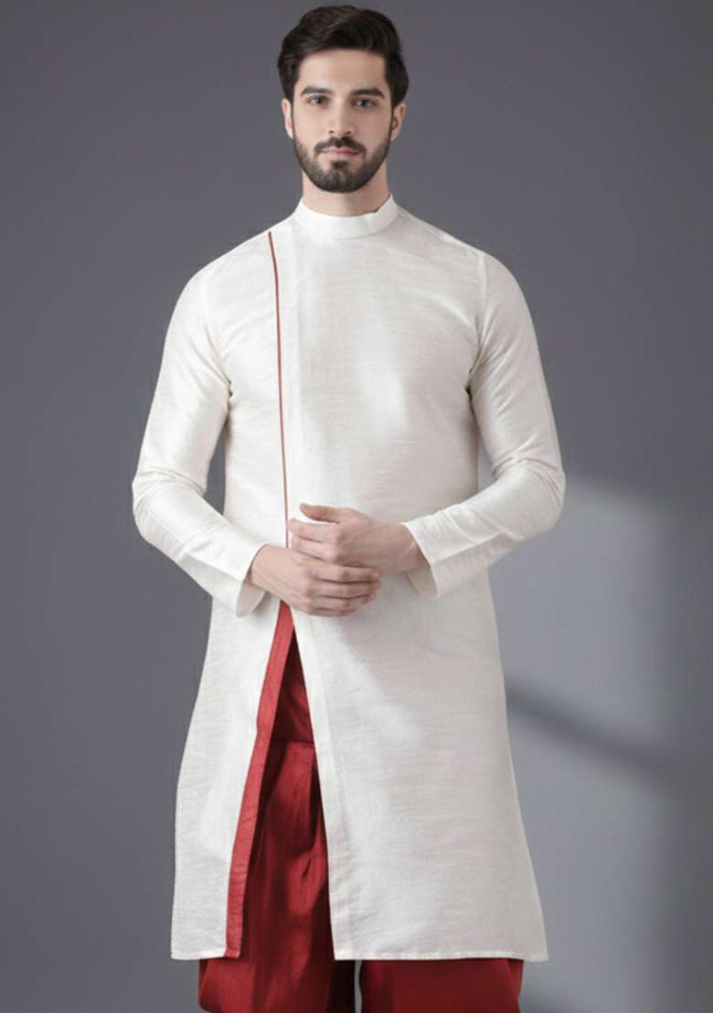 White Embroidery Silk Blend Kurta For Men - Indya