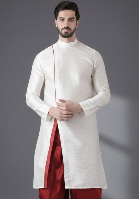 White Embroidery Silk Kurta For Men