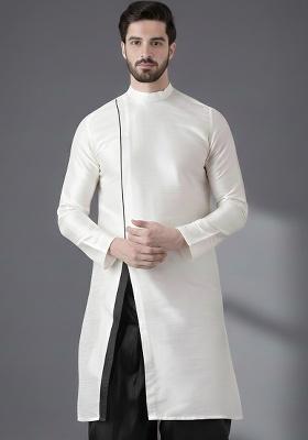 White Embroidery Silk Kurta For Men