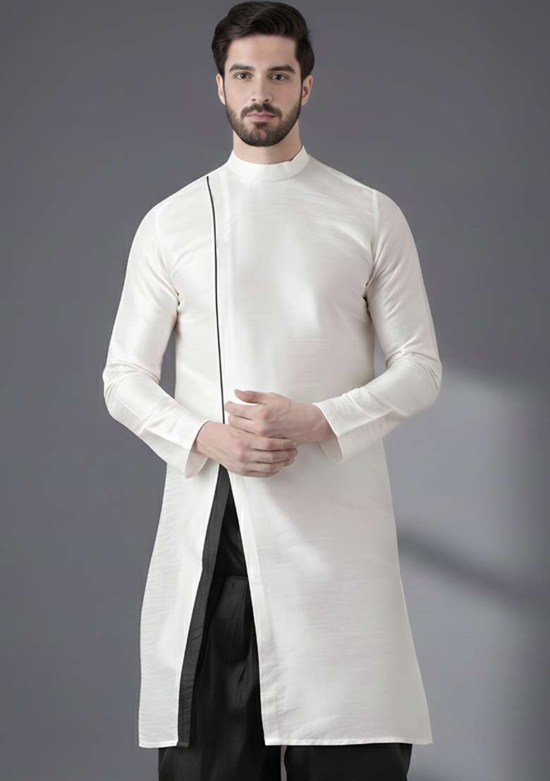 White Embroidery Silk Blend Kurta For Men - Indya